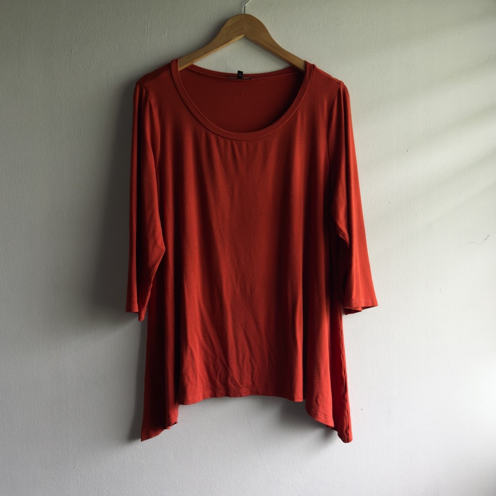 Eileen Fisher Sharkbite Hem Tunic Top Women XL Orange 3/4 Sleeve Minimalist Boho